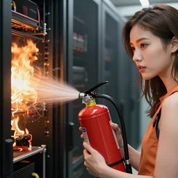 a datacenter on fire, and a person with a fire extinguisher fire extinguisher fire extinguisher fire extinguisher trying to put it out