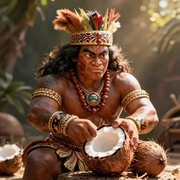 A Polynesian warrior crushes a coconut, trending in artstation, octane render