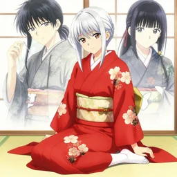 girl, silver hair, red kimono with flower patterns, sitting, detailed, looking to camera, full body shot, well iluminated, ilustration by (Takehiko Inoue and) Krenz Cushart