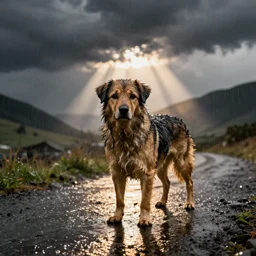 photo, a wet dog, rainy day..