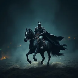 batman riding a horse in battlefield, dark, cinematic lighting, chaotic, wide shot