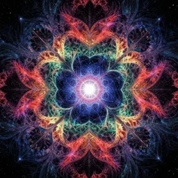 Psychedelic kaleidoscope image, fractal, golden ratio, celestial, 35mm , symmetrical, divine, color theory