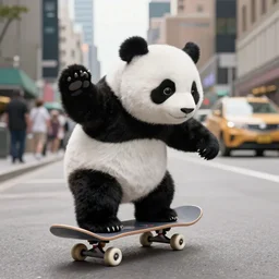 a panda riding on skateboard in new york