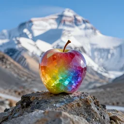 an apple made of rainbow crystal is sitting on the peak of mount everest, clear focus, bokeh effect, high res, hasselblad
