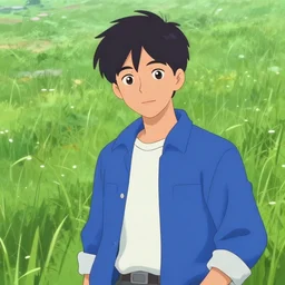 animation key shot of seokjin in grasslands wearing blue jacket, white shirt, studio animation, sharp render, pixar