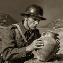 a detailed photorealistic sepia - toned color portrait painting of a 1 9 1 7 worried clean - shaven british lieutenant in field gear wearing a pith helmet in wadi rum examining an ancient cylindrical clay jar, ultra realistic, intricate details, atmospheric, dark, horror, brooding, highly detailed, by clyde caldwell