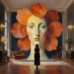 giant flower head, woman standing in a luxury apartment, surreal, dramatic light, impressionist painting, digital painting, artstation, georgia o'keeffe