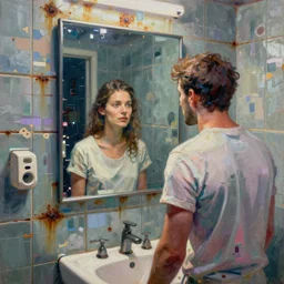 a beautiful painting by alex kanevsky and christian hook of a couple in front of a mirror in a glitched bathroom, metal rust and plaster materials, pixel sorting, color bleeding, brushstrokes by jeremy mann