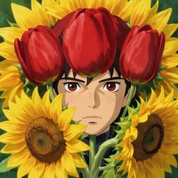 a film still portrait of a serious young red tulip dragon lizard, with sunflowers growing from it, hyper realistic, 8 k, sunflower, finely detailed features, closeup at the faces with freckles, perfect art, gapmoe yandere grimdark, trending on pixiv fanbox, painted by greg rutkowski makoto shinkai takashi takeuchi studio ghibli, akihiko yoshida