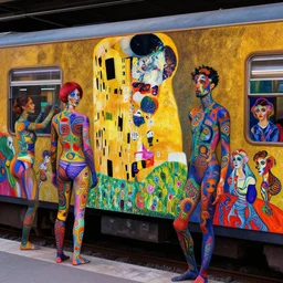 full train!!, psychedelic, patterned skin, trending on artstation, photorealism, vibrant colors, digital art, in the style of harumi hironaka, gustav klimt, egon schiele, coby whitmore, david bates, monet, lisa frank, picasso, octane render.