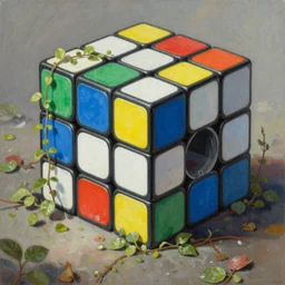 A beautiful painting of an abandoned rubiks cube factory, by Simon Stålenhag, overgrown with vines by Hans, very detailed, featured on artstation