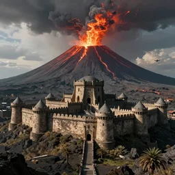 Medieval fortress built into an erupting volcano. Fantasy. Cinematic. Concept art.