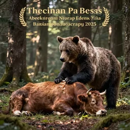 the bear holds the spine near the sleeping cow in forest