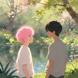 pink haired boy backlit staring at black haired boy from across a pond, by alan lee, muted colors, springtime, colorful flowers & foliage in full bloom, sunlight filtering through trees & skin, digital art, art station cfg _ scale 9