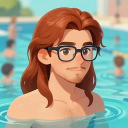 a beautiful cute german guy with very long chestnut! hair, with glasses and short stubble! goatee, attending a swimming pool tour, wet hair, digital painting, concept art, matte, artgerma and greg rutkowski