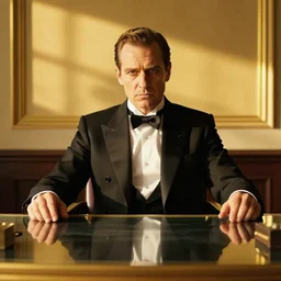mafia boss sitting behind his desk, golden hour, elegant, high quality, striking, high contrast, very detailed, bright colours, smooth, fluid, coherent, high quality, dramatic lighting, by brom and magali villeneuve and mucha