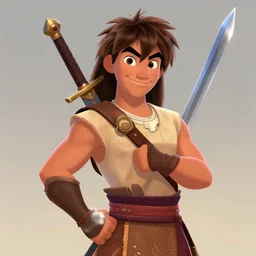 portrait of teenage conan the barbarian, smiling. arrogant. long sword with bronze handle. animated feature. 3 d pixar and disney!! in the style of disney pixar, moana, brave, the good dinosaur.
