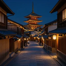 Medieval Kyoto street at night landscape, 8K, trending on artstation, golden ratio