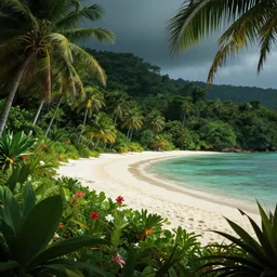 beautiful tropical island beach, lush vegetation, white sand beach, tropic plants and flowers, clear water, dramatic lighting, cinematic, establishing shot, extremely high detail, foto realistic, cinematic lighting, post processed, concept art, artstation, matte painting, style by eddie mendoza, raphael lacoste, alex ross