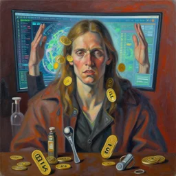 postmodernist painting, representation and personification of material greed, digital world mets greed, token power, generational human, avarice, entity, trending on artstation