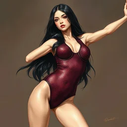 a dancer girl win long black hair, in burgundy python snake bodysuit. highly detailed digital painting, watercolor, soviet realism, vivid grunge, engraving, artstation, concept art, sharp focus, manga, illustration, unreal engine 5, 8 k, art by bilibin, kilian eng, kuvshinov, malevich, mucha