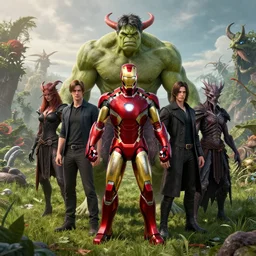 portrait of marvels ( ( ( ironman ) ) ) hulk by hr giger, greg rutkowski, luis royo and wayne barlowe as a diablo, resident evil, dark souls, bloodborne monster, elden ring creature : : in a garden, grassy field, large field in the background