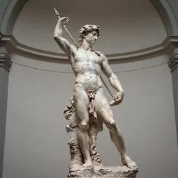 Sculpture of a female warrior with a spear in action pose, flying hair, by michelangelo, photography, Sony A7III, 85mm f1.8