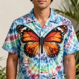 a man wearing a tie dyed Hawaiian shirt with butterfly wings, photo realistic, natural lighting