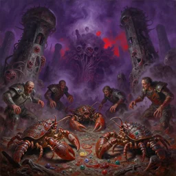 fine art oil painting varied muck jeweled, filthy rugated armored crustaceans clawing & terrified as massive brutalist structures, claustrophobic massive cilia sporing pox, drag rage race, purple red evil fog, final battle removal, clustered horror, by virgil finlay, vincente b ballestar, by francesco blanc, geof darrow, bis