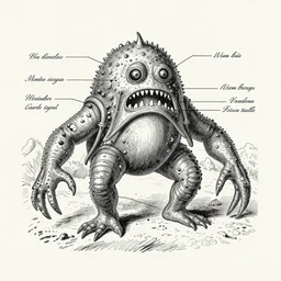 A victorian naturalist\'s illustration of a montauk monster, anatomical notes with labels, pen and ink