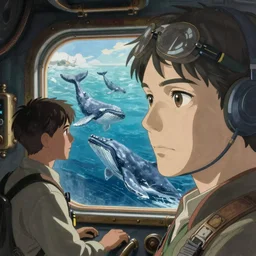 crewman on a steampunk submarine looking out the window at a passing pod of whales, kyoto animation still, finely illustrated face, intricately detailed features, digital painting, makoto shinkai, painted by ilya kuvshinov and ross tran and artgerm and alphonse mucha