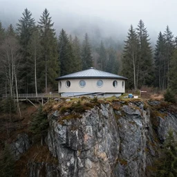 Ellipse-shaped house with round windows, built on a large cliff near a coniferous forest. A thin stone bridge goes over the cliff. View from afar, fog, 8k, 16k, architecture photo, high details