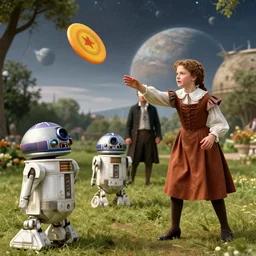 detailed, sharp, a boy and a girl playing frisbee with two humanoid droids, wearing 1850s era clothes, in a park on an alien planet, extremely highly detailed,  highly detailed faces, 70 mm still from a period sci fi color movie, 4k, HD, cinematic lighting