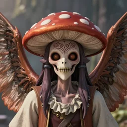 4K headshot of mothman with a mushroom hat and rouch clothes with giant wings , intricate face , flawless anime cel animation , professionally post-processed , beautiful, scary, symmetry accurate features, epic, octane rendered, anime masterpiece, accurate