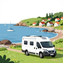very little class c motorhome on the grass by the harbor, rocky coast, sailboats in the water, tiny village, white background, digital cartoon painting art, 4 colors!!!
