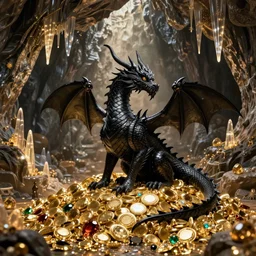 a black dragon sits on a large pile of gold and gems in a cave with luminous stalactites, large eyes with cilia, big eyes with cilia, neon color, highly detailed, digital painting, artstation, concept art, matte, sharp focus