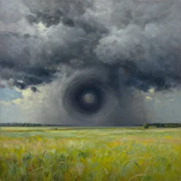 a big stormy wormhole opens over a calm field in summer, award-winning, trending on artstation, oil on canvas, masterpiece