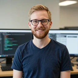 photo 3 0 year old male software developer, lean build, short blonde hair, short beard, black rim glasses, friendly