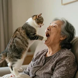 an old woman opening her mouth extremely wide and a cat jumping into it