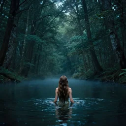 forest nymph rising from the water. view from behind, wide angle view, back view. nuri iyem, james gurney, james jean, greg rutkowski, anato finnstark. trending on artstation, starlight, and enchanted dreams. instagram photo shoot, sigma 3 5 mm, award winning photography, cinematic, head and shoulders