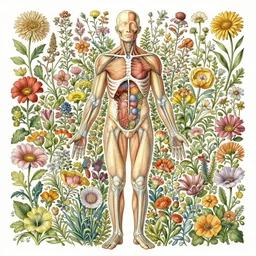 highly detailed illustration of a human anatomy body surrounded by all the known species of flowers by juan gatti, by michael reedy!!, by moebius, by oliver vernon, by joseph moncada, by damon soule, by manabu ikeda, by kyle hotz, by dan mumford, by kilian eng
