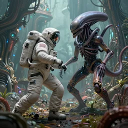 astronaut fighting off a mechanical alien. on the background of a weird magical mechanical forest. Intricate. Very detailed 8k. Fantasy cyberpunk horror. Sharp. Cinematic post-processing. Unreal engine. Nanite. Ray tracing. Parallax. Tessellation