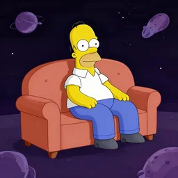 homer simpson sitting on a couch that is floating in space, in the style of the simpsons