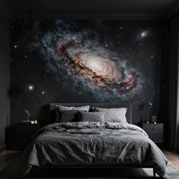 A bedroom, with black wallpaper painted with galaxies