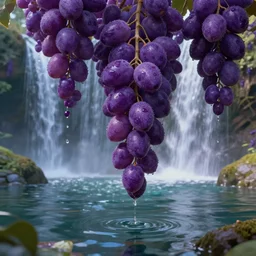 close up of low hanging purple fruits over a pond, waterfalls, by james gurney, low angle shot, concept art, intricate, hyper detailed, volumetric lighting, sharp focus, octane render, trending on artstation, 8 k