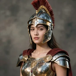 portrait of beautiful young woman dressed gladiator with helmet and armor, color photograph by paolo roversi