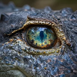macro photography of an alligator eye which is a stone portal to another world, the world filled with dark creatures, cinematic light, highly detailed, sharp focus, high resolution