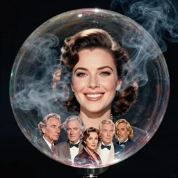 smirking Mila Kunis reflected in a reflective bubble, puffs of smoke, Ludek Pesek, Rick Guidice, Chesley Bonestell, Lucien Rudaux, Rolf Klep, Fred Freeman, George Pal