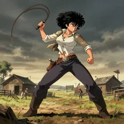 an angry female cowboy character, wide angle lens, full body dynamic profile, dramatic lighting, afro samurai anime style, holding a whip, old family ranch in the background, greg rutkowski and alphonse mucha