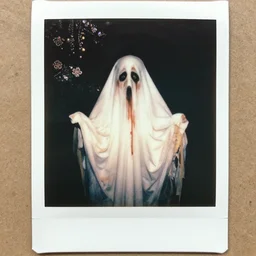 an instant photo of a handsome but sinister ghost in layers of fear, with violence in his eyes, 1 9 7 0 s, seventies, woodlands, delicate embellishments, a little blood, crimson, painterly, offset printing technique, by mary jane ansell